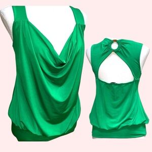 Hot & Delicious Green Open Back Tank Top Wooden Ring Gathered Shoulder Sz Large